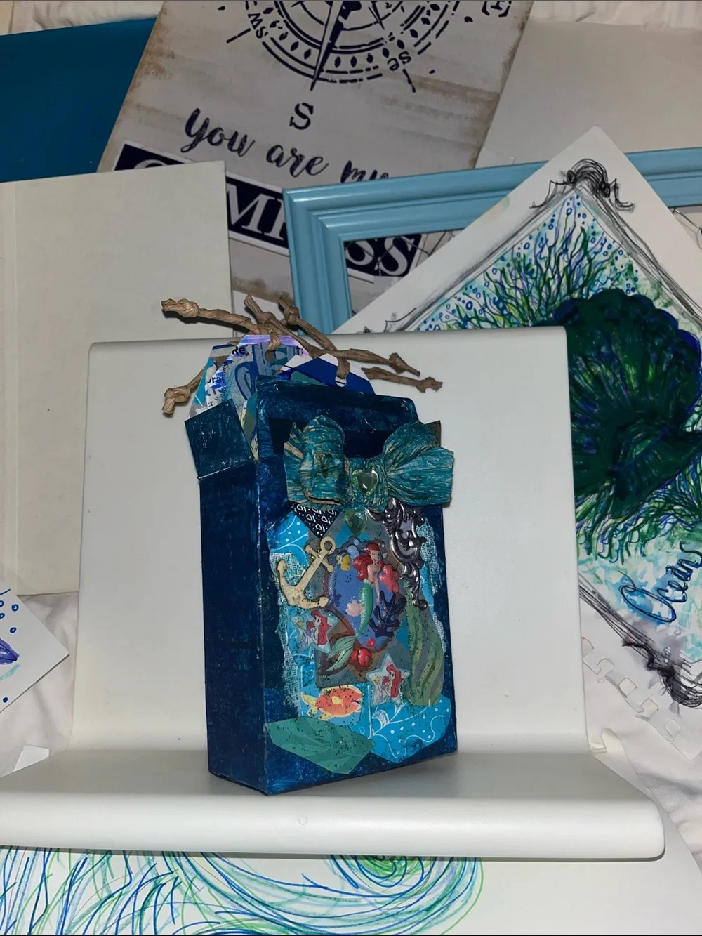 1of a kind new upcycled Handmade Mermaid ocean Mixed-Media treasure art card box